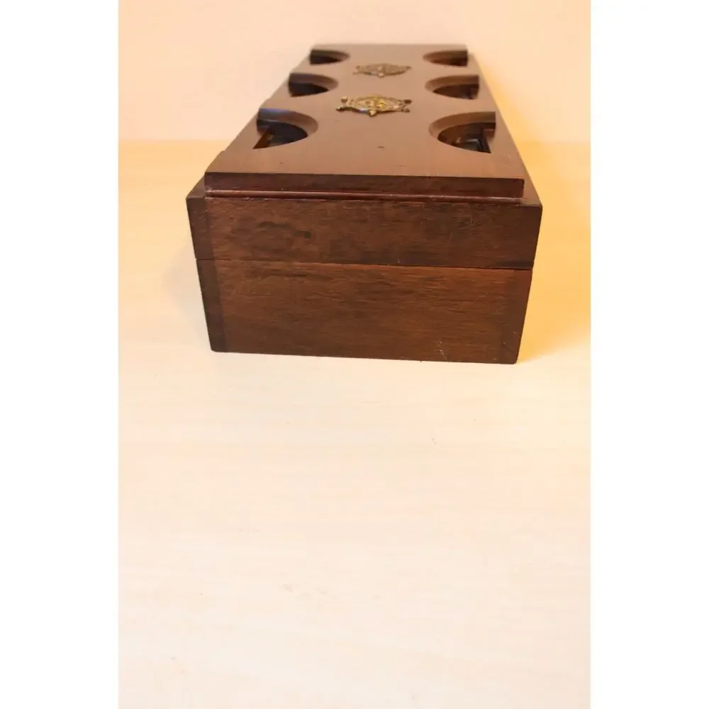 Vintage Nautical Wood Valet Jewelry Box Brass Ship Wheel Inlay Red Felt Lining